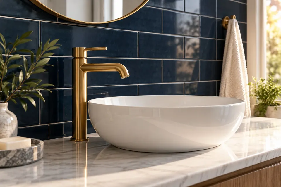 Modern bathroom with a brass faucet and white basin